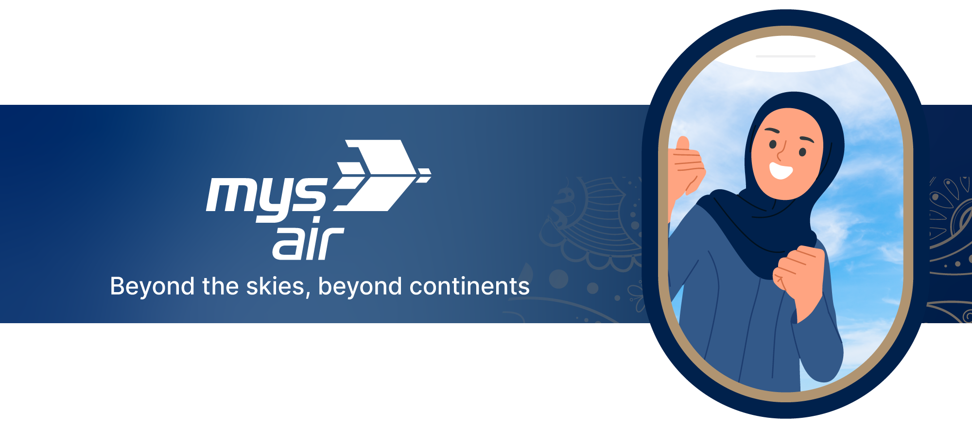 The image is a banner for MYSair, with the tagline "beyond the skies, beyond continents". Besides the logo, a frame of a woman dressed in blue and wearing a hijab.